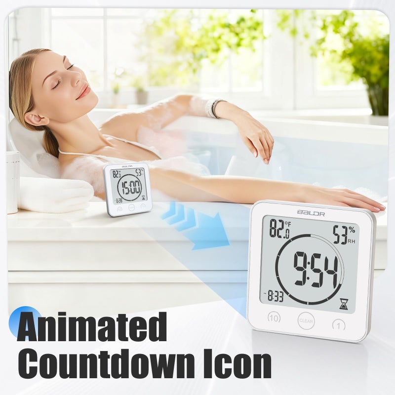 Baldr Shower Clock Waterproof Bathroom Clock with Timer/Temperature/Humidity, Digital Timers for Kids and Adults, Bath Kitchen Study, White - Image 3